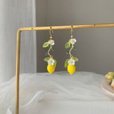 Lemon and Flower earrings - glass Lemon drop earrings - fruit drop earrings